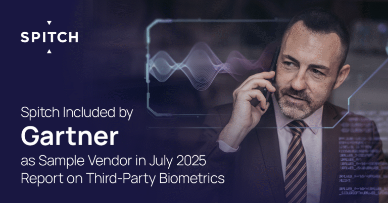 Businessman on the phone; above, a visual voice wave – reference to Gartner's inclusion of Spitch as an example provider (07/2025)