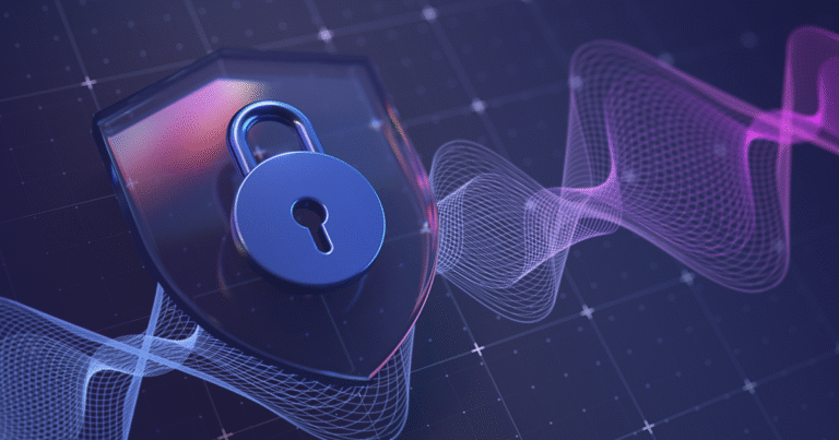 Transparent shield with padlock in front of sound waves – symbol for secure voice biometrics and anti-spoofing