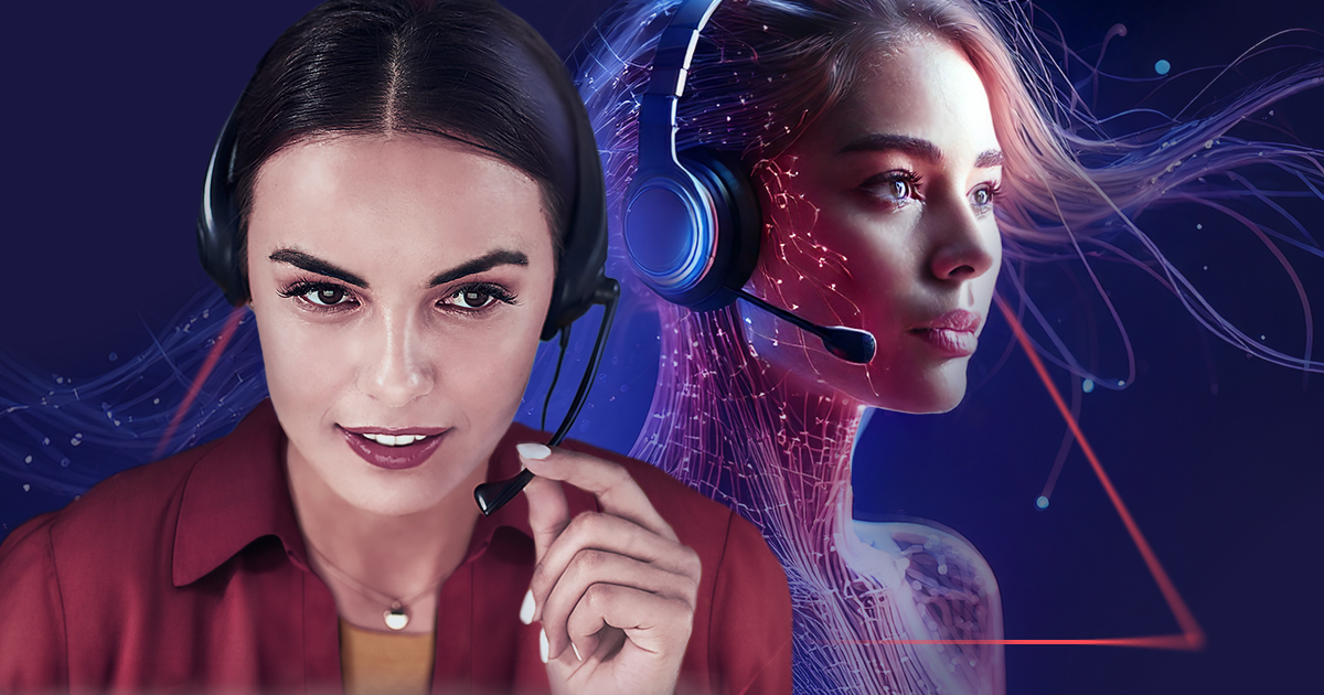 Two call center operators, one a real person, the other an AI assistant