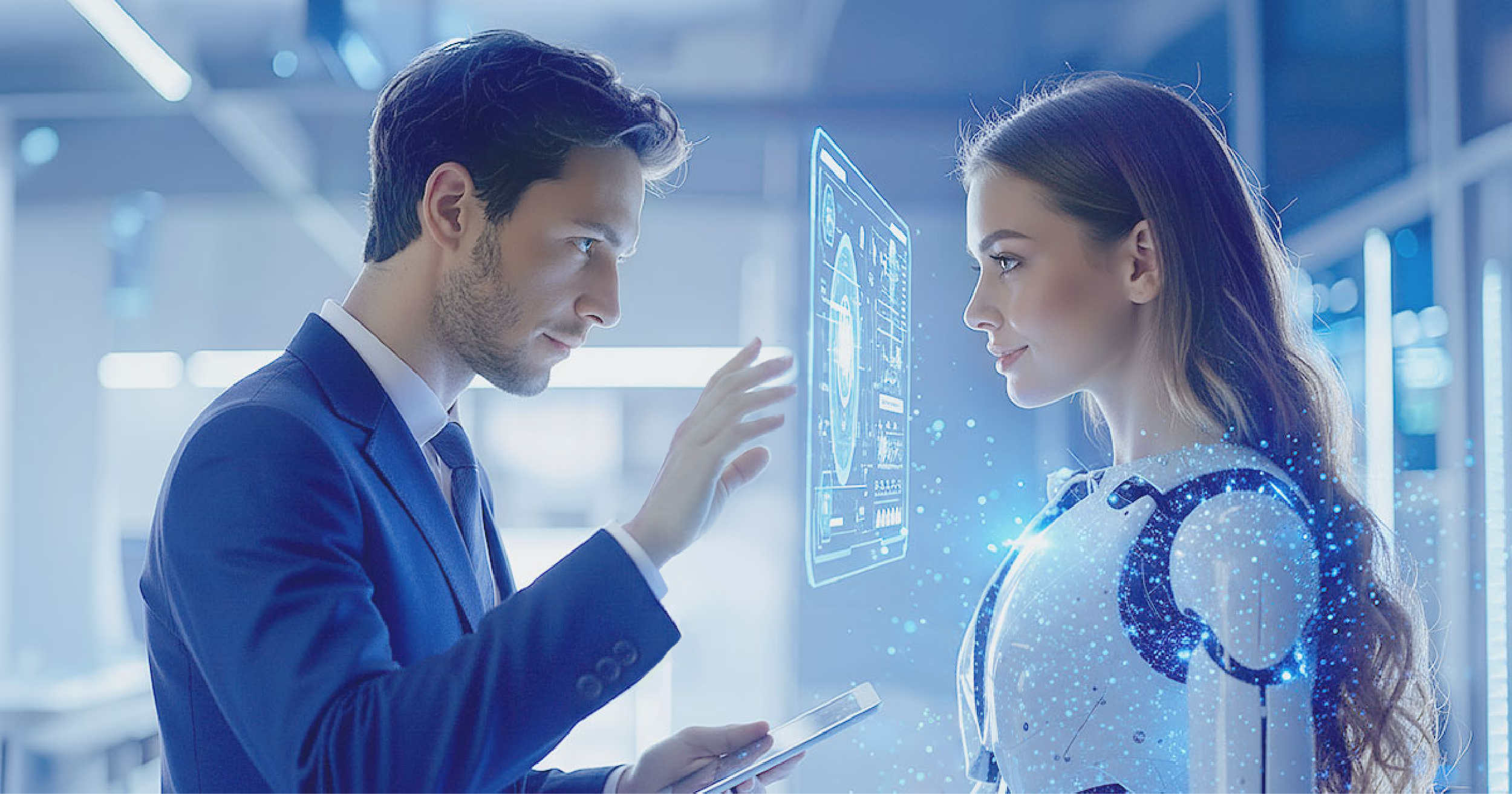 A man and a half-robot woman look at each other through a transparent screen.